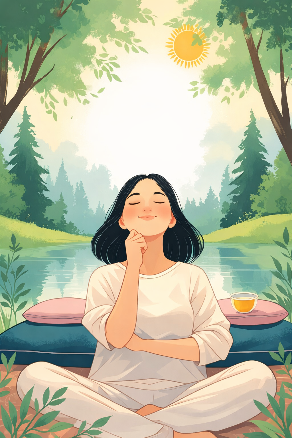 A recovery-focused illustration showing a person resting comfortably after taking the abortion pill, with visual cues of improving symptoms, lighter bleeding, and return to normal daily activities over t